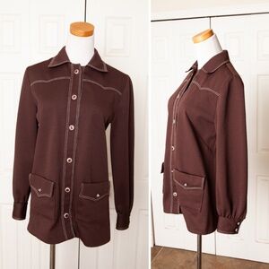 Vintage 70s Brown Leisure Jacket Shirt Blazer Button Down Pockets Polyester S/M